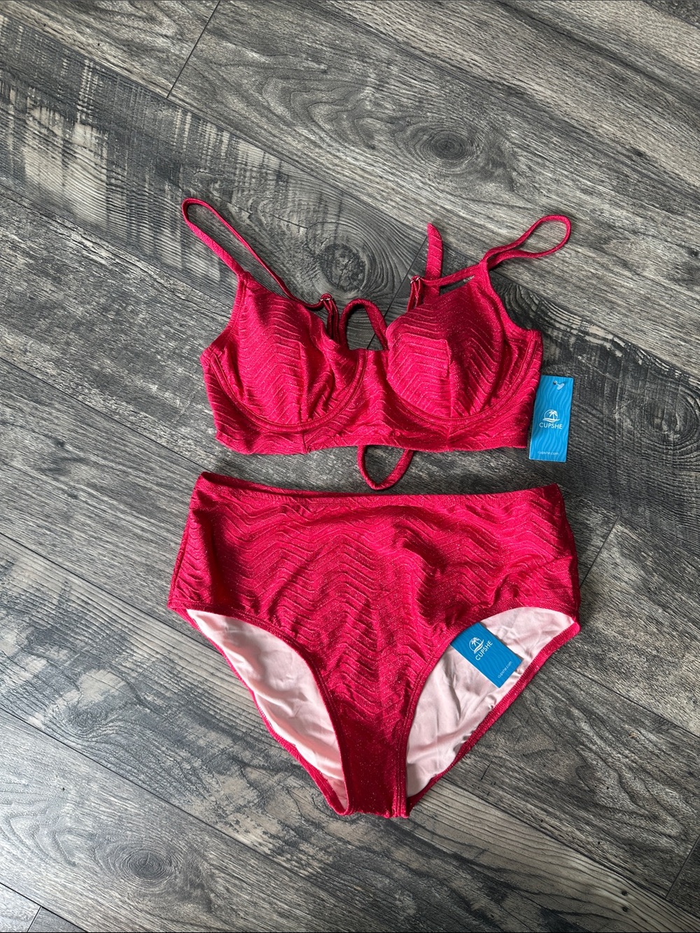 Cupshe Women's High-Waist Two-Piece Swim Set in Sparkly fuchsia pink.